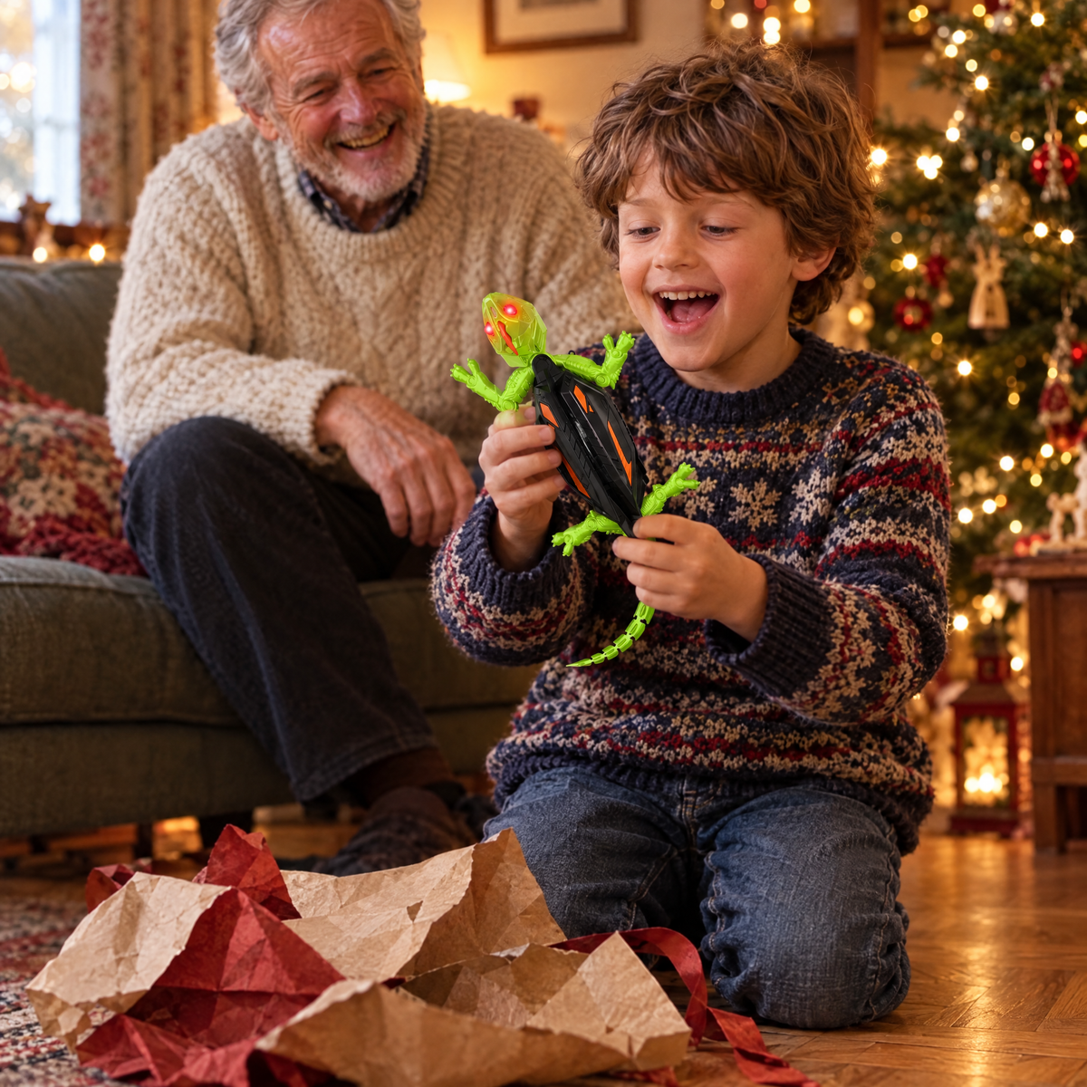 Un enfant découvre Gustave en ouvrant son cadeau de Noël