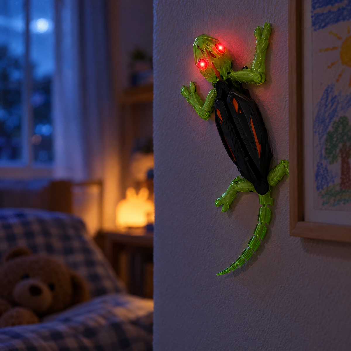 Les yeux lumineux de Gustave dans une chambre le soir